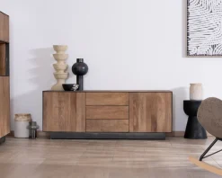 Clearance Meuble TV 150 cm en manguier style épuré "Santo" avec portes et tiroirs Meuble Télé