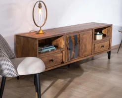 Best Meuble TV 175cm ethnique acacia massif pieds métal noir "Membatu" Meuble Télé