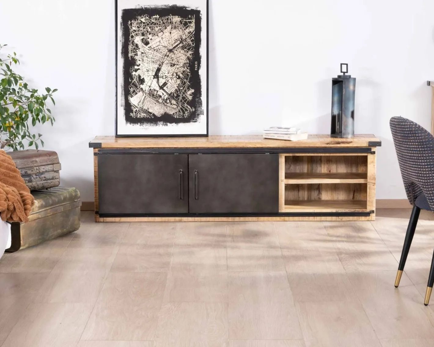 Clearance Meuble TV 160 cm porte coulissante métal et bois "Caractère" Meuble Télé