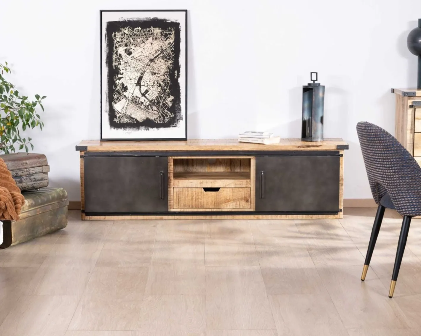 Clearance Meuble TV 160 cm porte coulissante métal et bois "Caractère" Meuble Télé