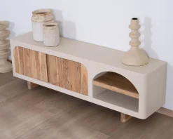 Best Meuble TV contemporain aspect béton sablé et acacia 