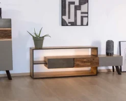 Discount Meuble TV contemporain multi matériaux avec éclairage LED 