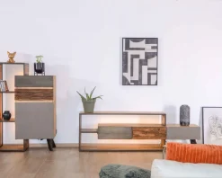 Discount Meuble TV contemporain multi matériaux avec éclairage LED 