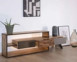 Discount Meuble TV contemporain multi matériaux avec éclairage LED 