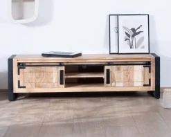 Online Meuble TV industriel 180 cm bois et métal 2 portes 2 niches "Montréal" Meuble Télé