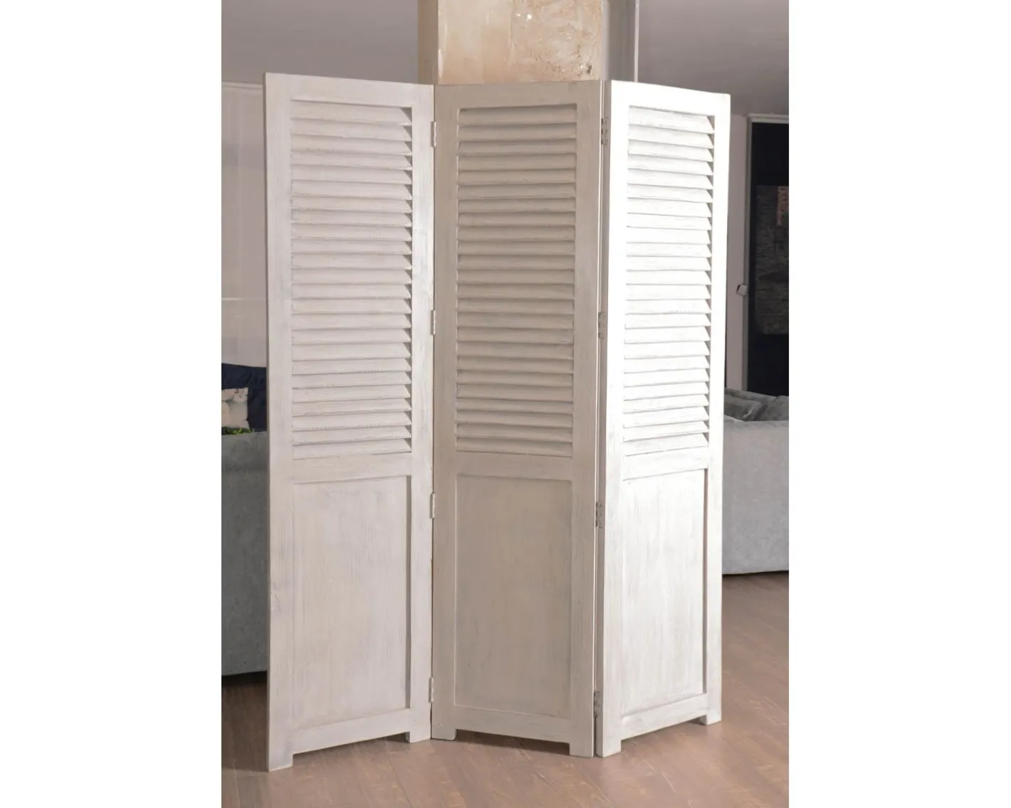 Sale Paravent 3 panneaux patinés gris clair Décoration