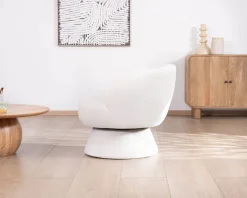 Petite chauffeuse tournante 360° en tissu chenillé blanc