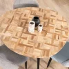 Hot Petite table de repas 3 pieds crayon en métal plateau teck marqueterie "Foster" 110cm Table À Manger Ronde Ou Ovale