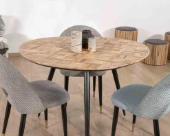 Hot Petite table de repas 3 pieds crayon en métal plateau teck marqueterie "Foster" 110cm Table À Manger Ronde Ou Ovale