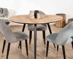 Hot Petite table de repas 3 pieds crayon en métal plateau teck marqueterie 