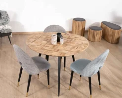 Hot Petite table de repas 3 pieds crayon en métal plateau teck marqueterie 