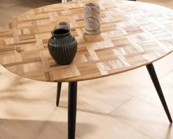 Hot Petite table de repas 3 pieds crayon en métal plateau teck marqueterie 