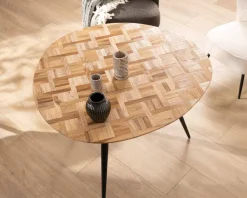 Hot Petite table de repas 3 pieds crayon en métal plateau teck marqueterie 