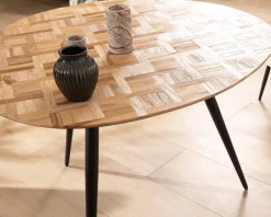 Hot Petite table de repas 3 pieds crayon en métal plateau teck marqueterie 