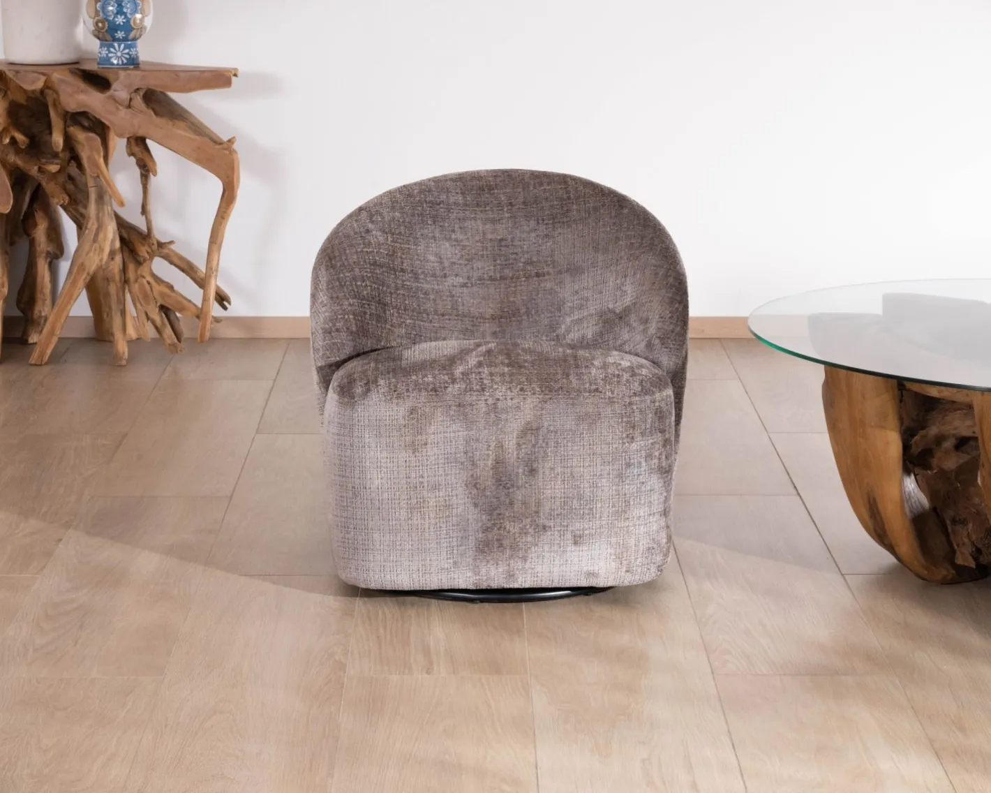 New Petit fauteuil pivotant esprit chauffeuse contemporaine en tissu bouclette gris cendré "Marylin" Fauteuil