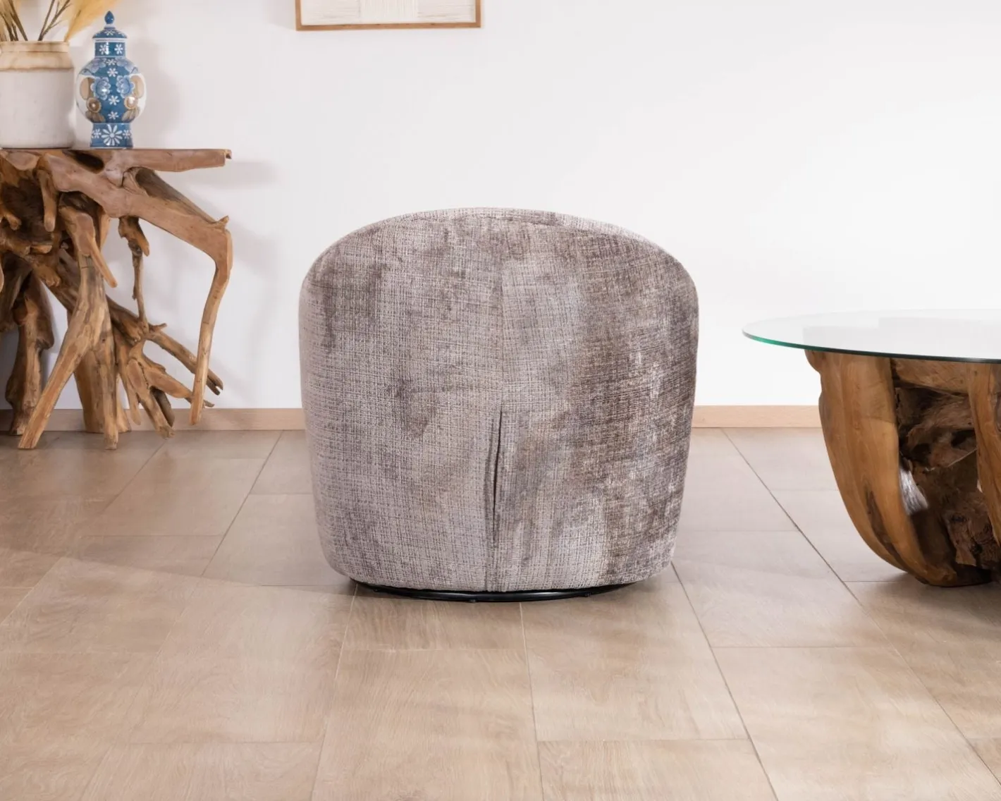 New Petit fauteuil pivotant esprit chauffeuse contemporaine en tissu bouclette gris cendré "Marylin" Fauteuil
