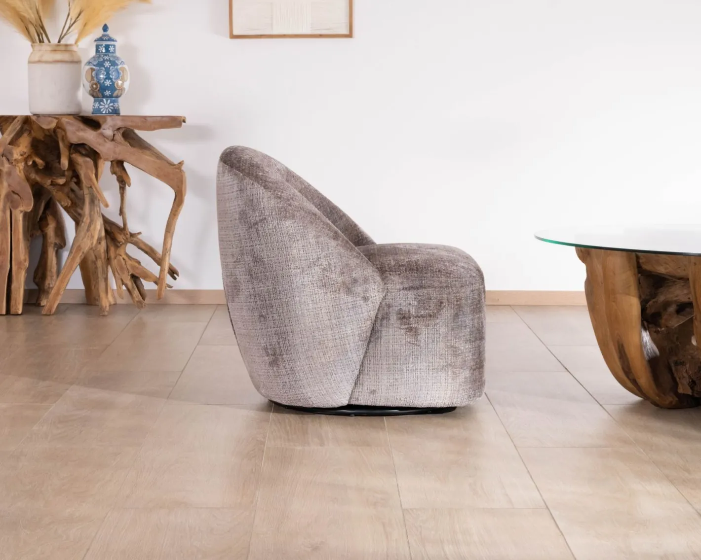 New Petit fauteuil pivotant esprit chauffeuse contemporaine en tissu bouclette gris cendré "Marylin" Fauteuil