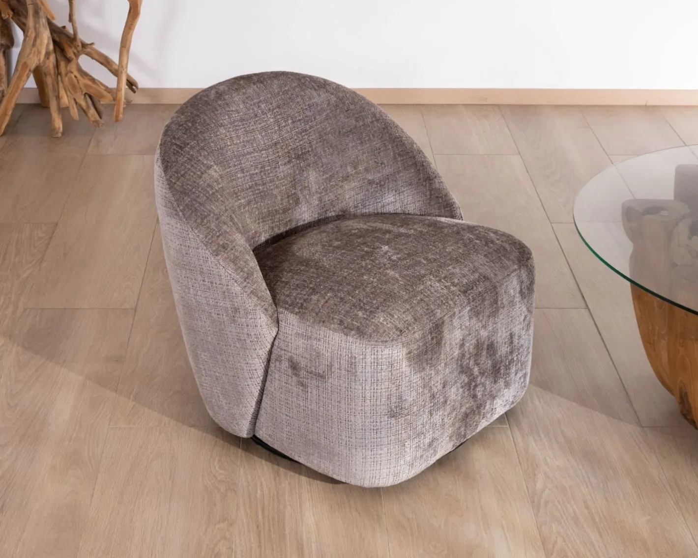 New Petit fauteuil pivotant esprit chauffeuse contemporaine en tissu bouclette gris cendré "Marylin" Fauteuil