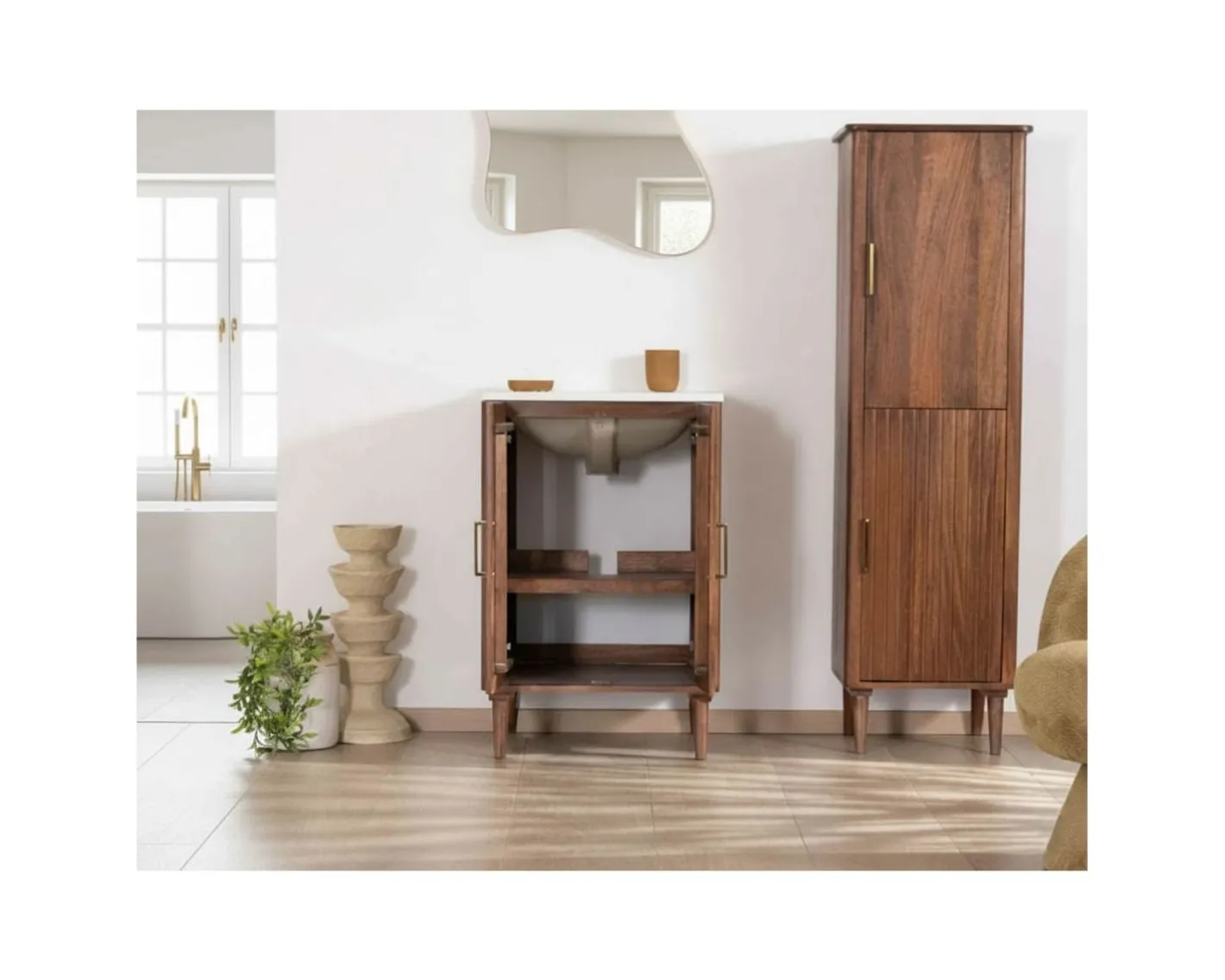 Sale Petit meuble sous vasque en manguier foncé "Malova" 60 cm esprit rétro chic Meuble Sous Vasque