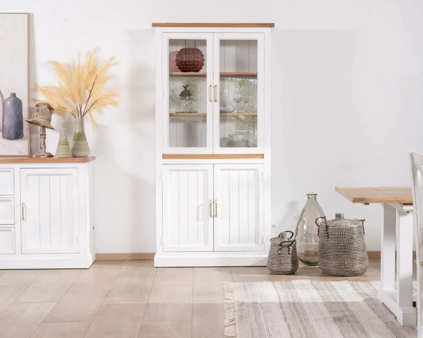 Clearance Petit vaisselier blanc en acacia avec portes vitrées "Trégastel" Vaisselier|Vitrine Et Argentier