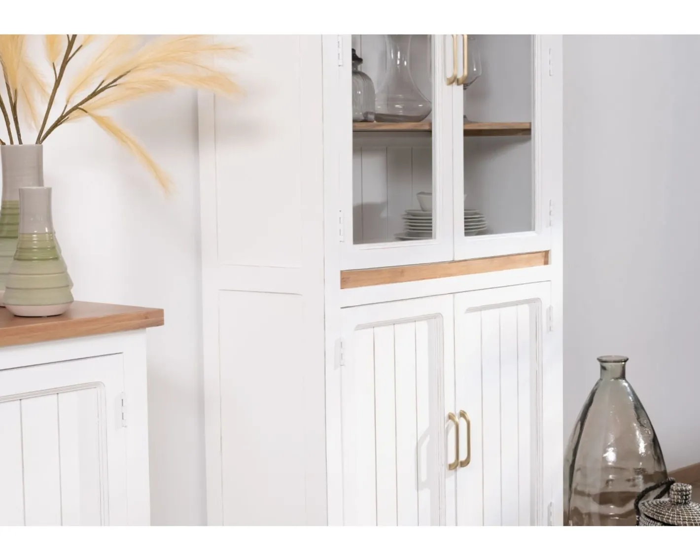 Clearance Petit vaisselier blanc en acacia avec portes vitrées "Trégastel" Vaisselier|Vitrine Et Argentier