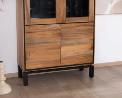 Petit vaisselier vitré esprit contemporain "Olonie" en teck naturel, acacia et métal noir Vaisselier|Vitrine Et Argentier