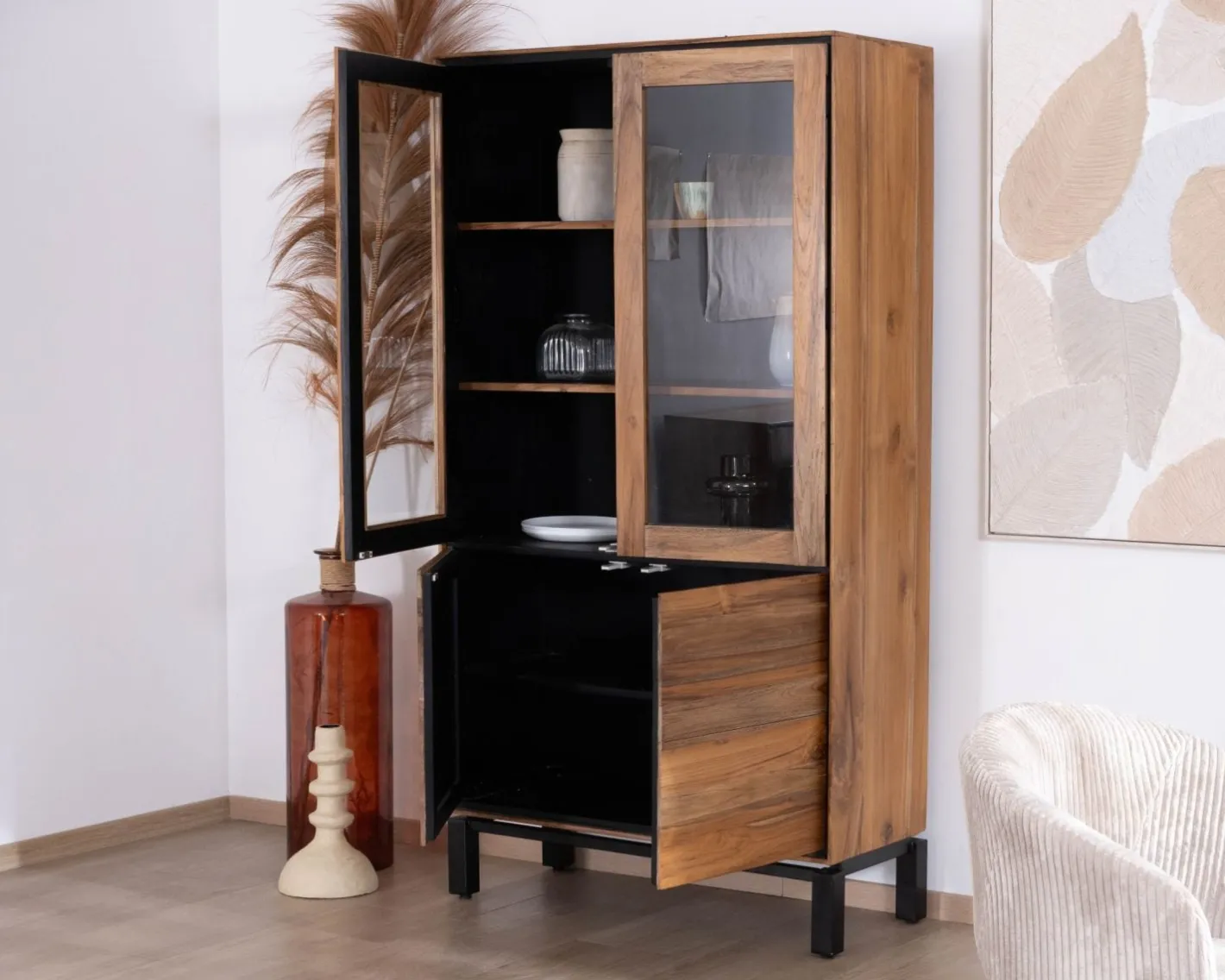 Petit vaisselier vitré esprit contemporain "Olonie" en teck naturel, acacia et métal noir Vaisselier|Vitrine Et Argentier