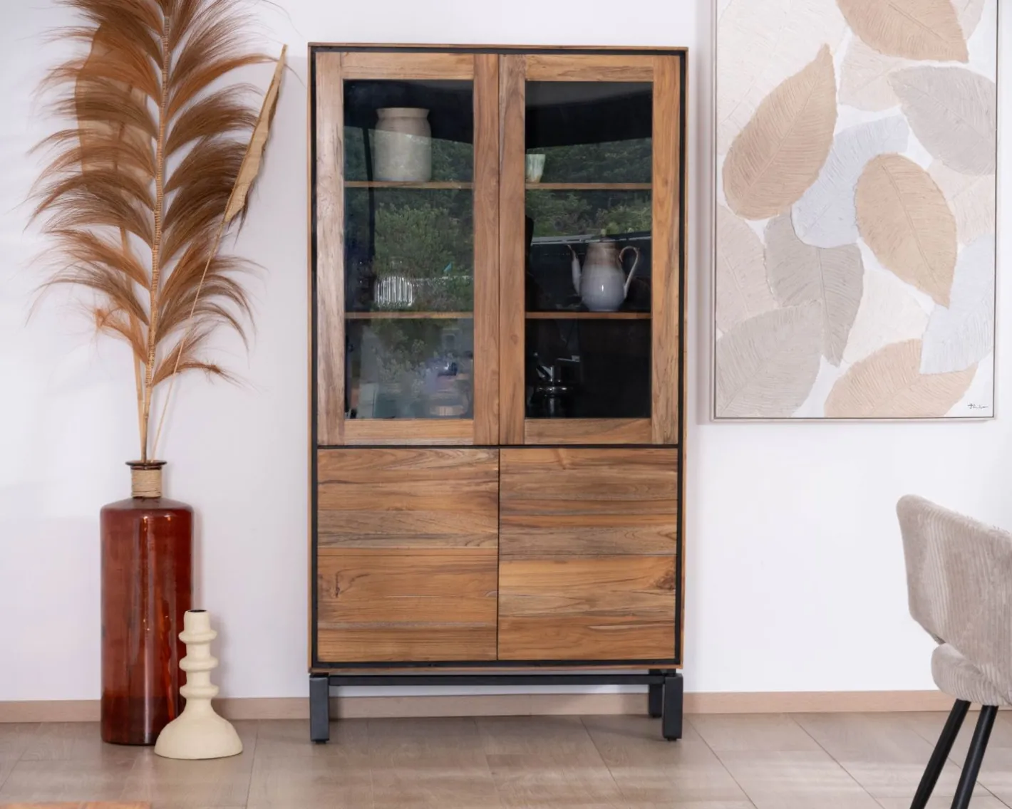 Petit vaisselier vitré esprit contemporain "Olonie" en teck naturel, acacia et métal noir Vaisselier|Vitrine Et Argentier