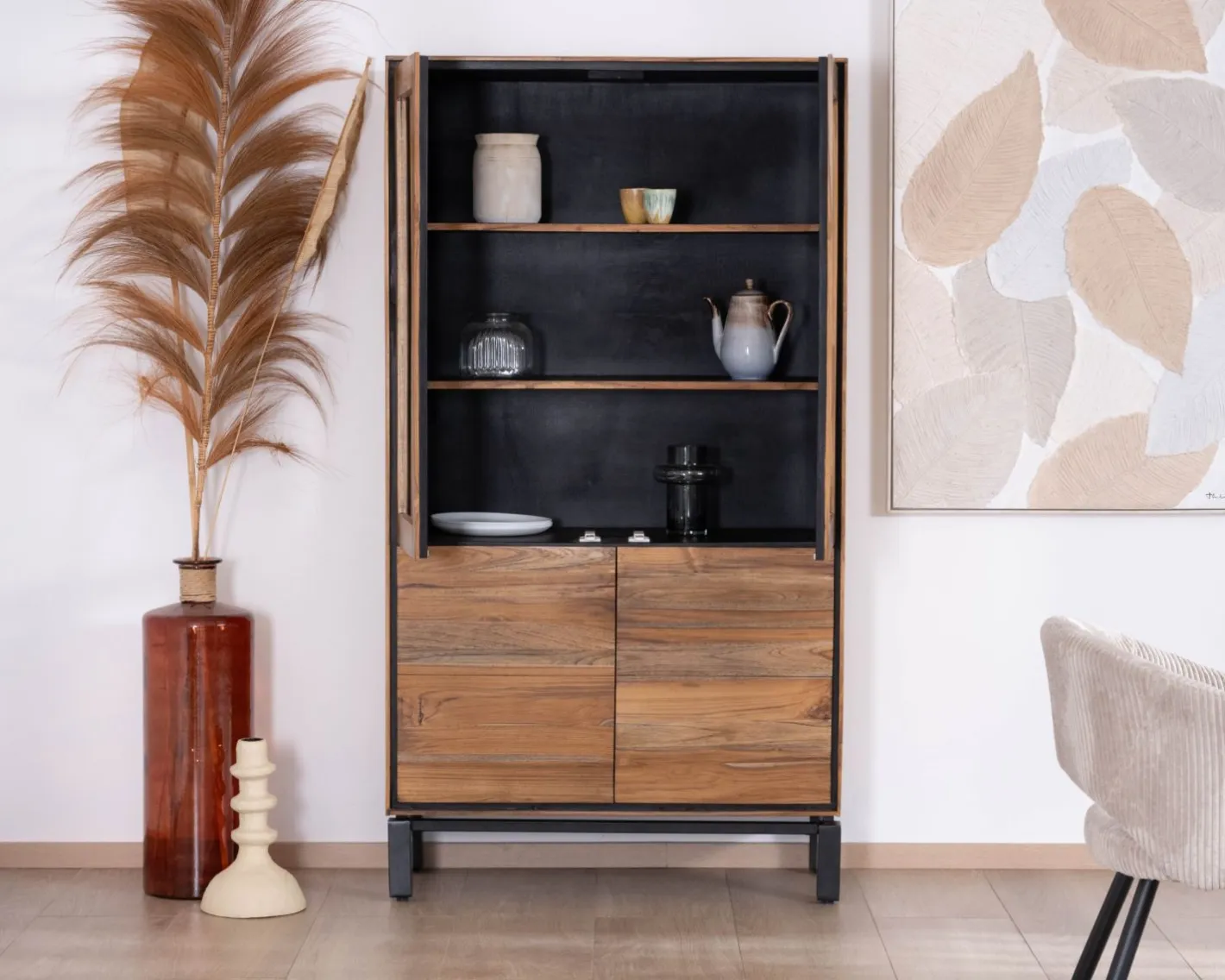 Petit vaisselier vitré esprit contemporain "Olonie" en teck naturel, acacia et métal noir Vaisselier|Vitrine Et Argentier