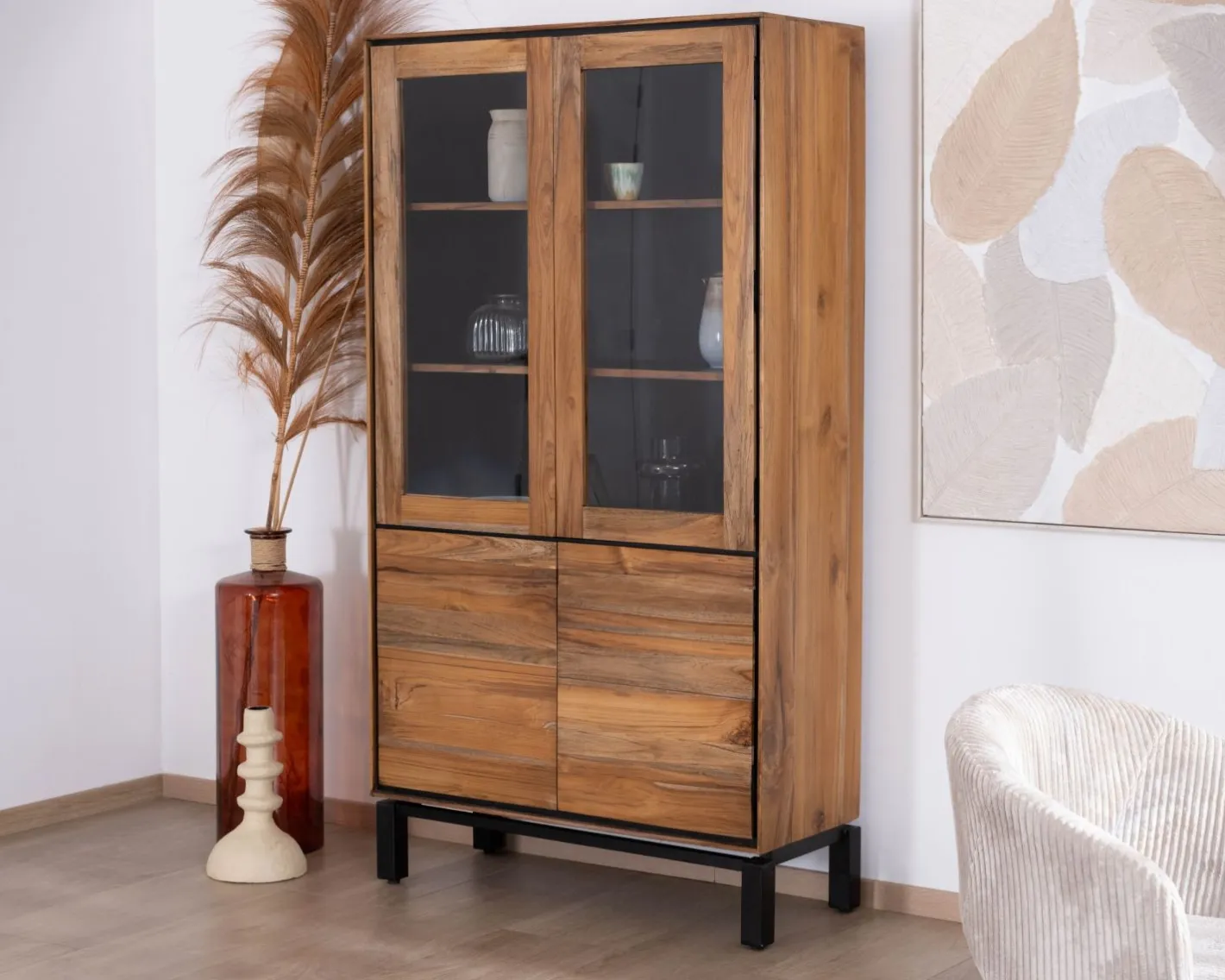 Petit vaisselier vitré esprit contemporain "Olonie" en teck naturel, acacia et métal noir Vaisselier|Vitrine Et Argentier