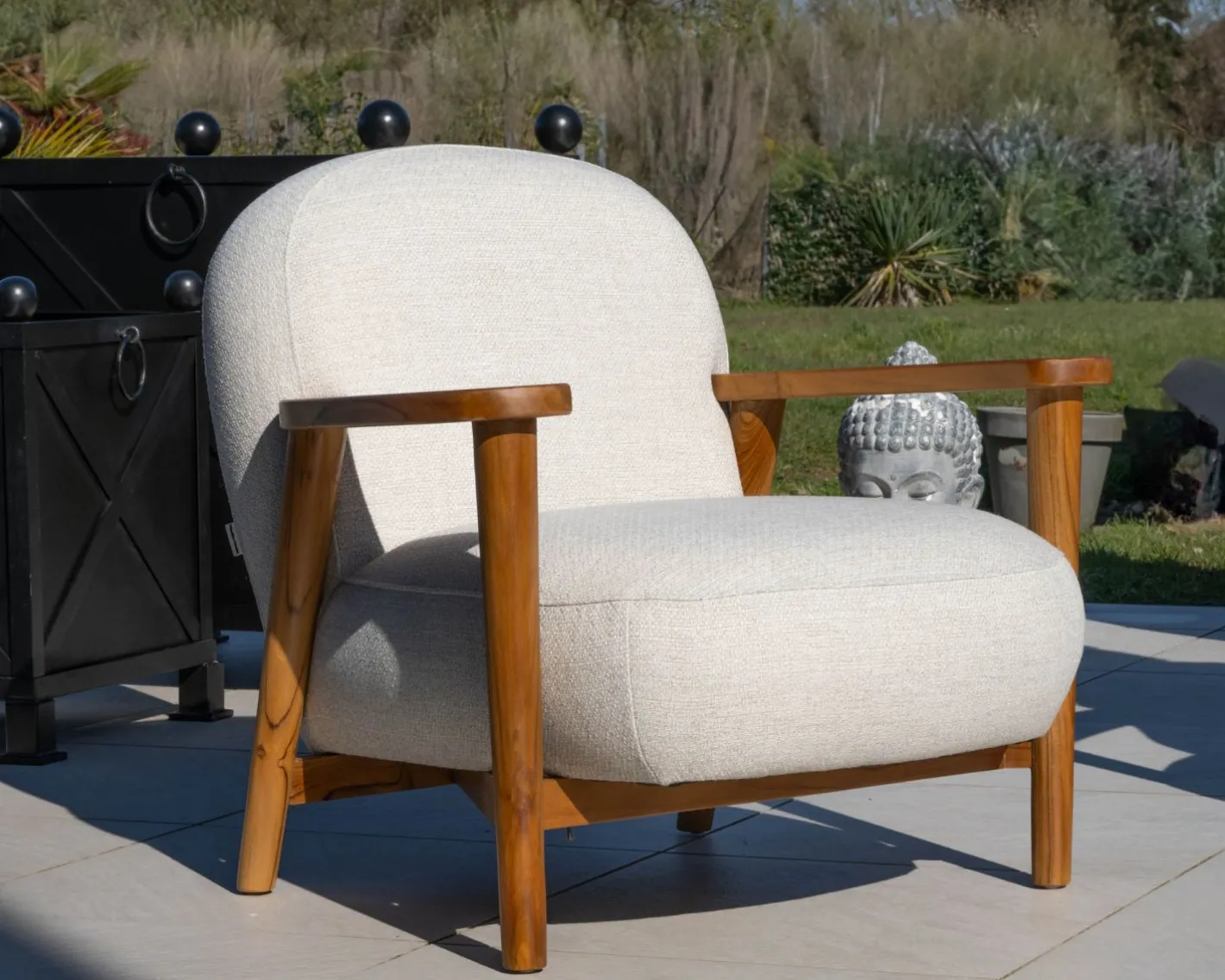 Hot Salon de jardin 3 pièces "Aristochair" en teck tissu d'extérieur blanc cassé Canapé De Jardin|Salon De Jardin