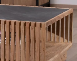 Discount Table basse carrée avec plateau en placage pierre et structure bois ajourée "Pikto" Table Basse Carrée