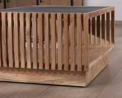 Discount Table basse carrée avec plateau en placage pierre et structure bois ajourée 