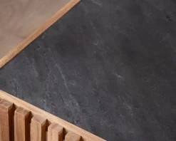 Discount Table basse carrée avec plateau en placage pierre et structure bois ajourée 