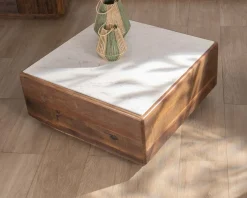 Discount Table basse carrée 100 cm en bois recyclé et plateau marbre blanc 
