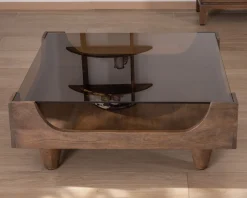 Table basse carrée design vintage en manguier avec plateau verre 
