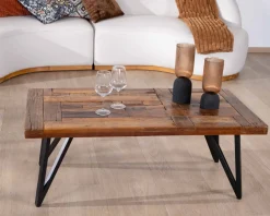 New Table basse 120cm en bois massif recyclé et pieds métal noir 