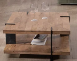 Sale Table basse design avec double plateau carré en bois et pieds métal 