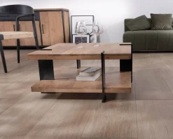 Sale Table basse design avec double plateau carré en bois et pieds métal 