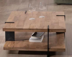Sale Table basse design avec double plateau carré en bois et pieds métal 