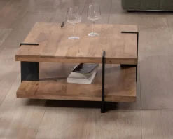 Sale Table basse design avec double plateau carré en bois et pieds métal 