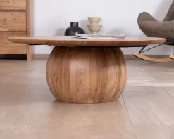 Hot Table basse design en acacia massif ronde avec pied boule 