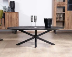 Hot Table basse noire plateau ellipse en manguier massif sablé et pieds métal 3D "Pise" Table Basse Ovale Ou Ronde