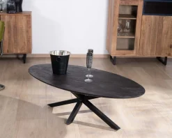 Hot Table basse noire plateau ellipse en manguier massif sablé et pieds métal 3D 