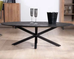 Hot Table basse noire plateau ellipse en manguier massif sablé et pieds métal 3D 