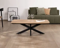 New Table basse plateau placage chêne clair pied étoile métal noir 