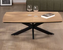 New Table basse plateau placage chêne clair pied étoile métal noir 