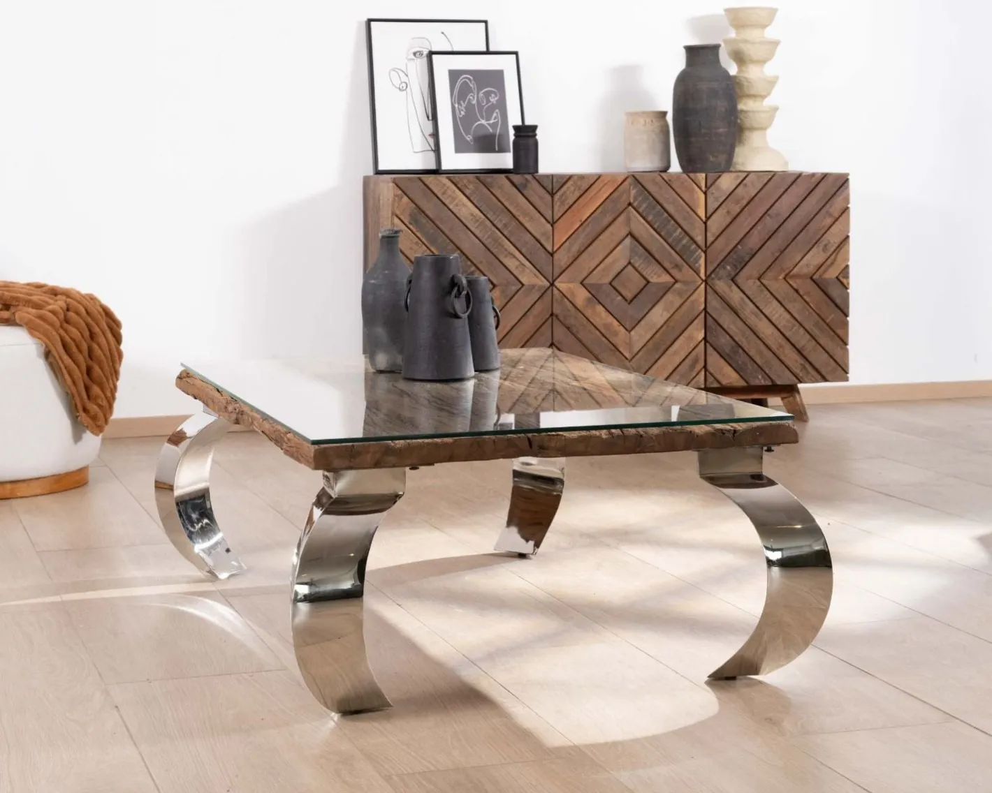 Discount Table basse rectangulaire bois recyclé rustique, plateau verre et pieds design métal brillant opium "Timber" Table Basse Rectangulaire