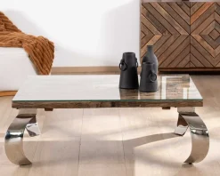 Discount Table basse rectangulaire bois recyclé rustique, plateau verre et pieds design métal brillant opium