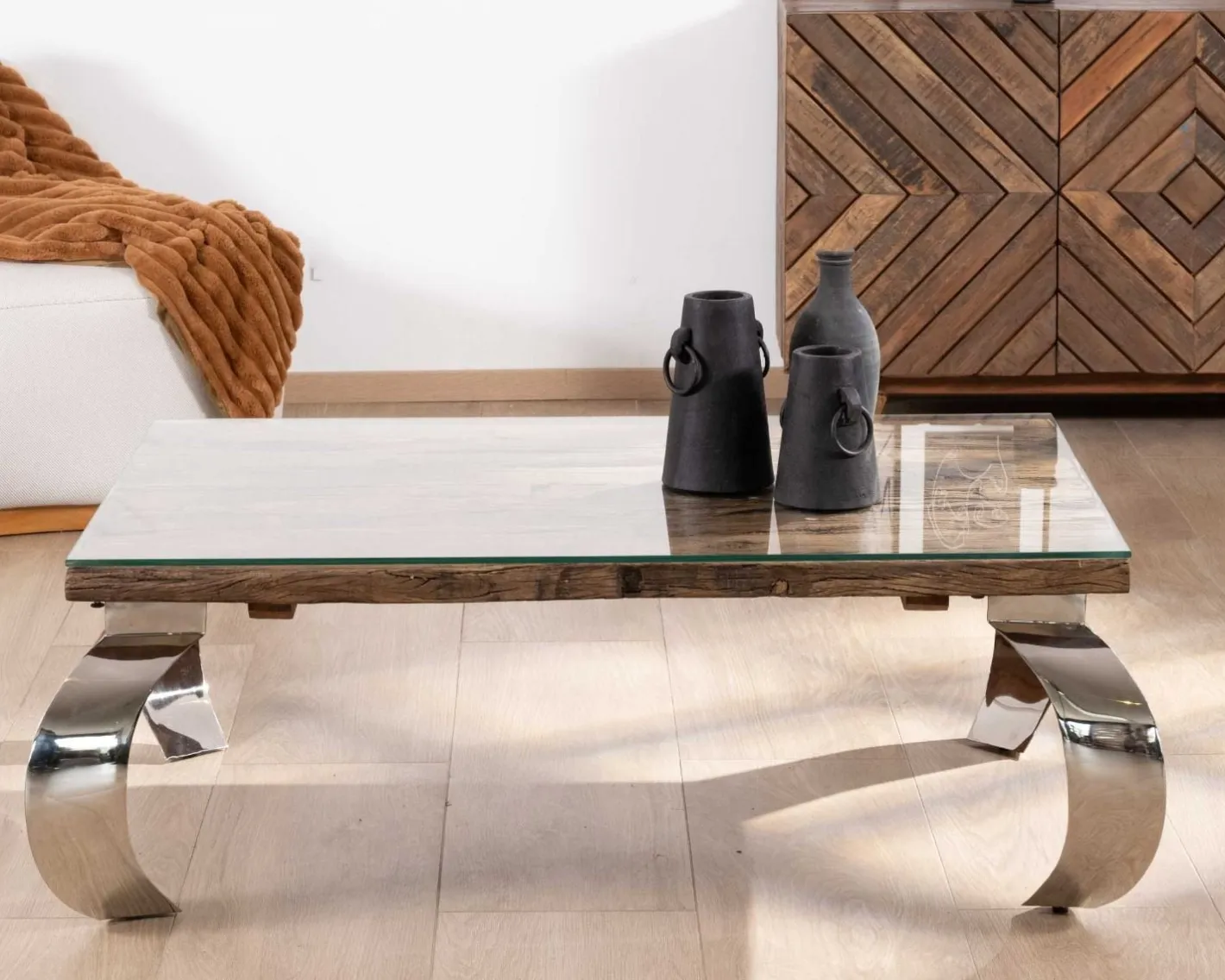 Discount Table basse rectangulaire bois recyclé rustique, plateau verre et pieds design métal brillant opium "Timber" Table Basse Rectangulaire